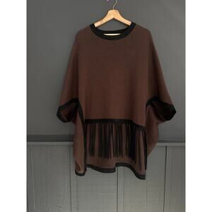 Tyler Boe Brown Black Cotton Cashmere Knit Fringe Poncho Sweater Cape Small XS